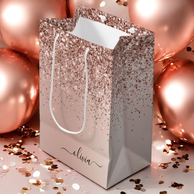 Rose Gold - Rosa Rosa Glitzer Metal Monogramm Name Mittlere Geschenktüte (Von Creator hochgeladen)