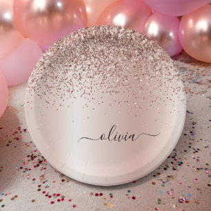 Rose Gold - Rosa Rosa Glitzer Metal Monogramm Name Pappteller