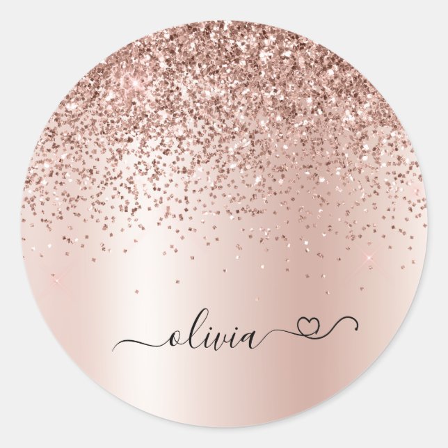 Rose Gold - Rosa Rosa Glitzer Metal Monogramm Name Runder Aufkleber (Vorderseite)