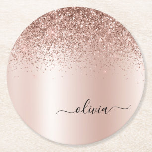 Rose Gold - Rosa Rosa Glitzer Metal Monogramm Name Runder Pappuntersetzer