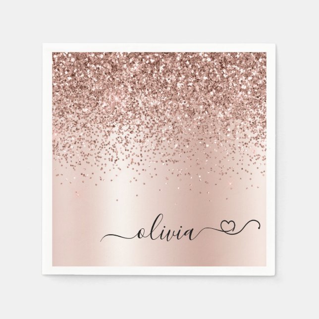 Rose Gold - Rosa Rosa Glitzer Metal Monogramm Name Serviette (Vorderseite)