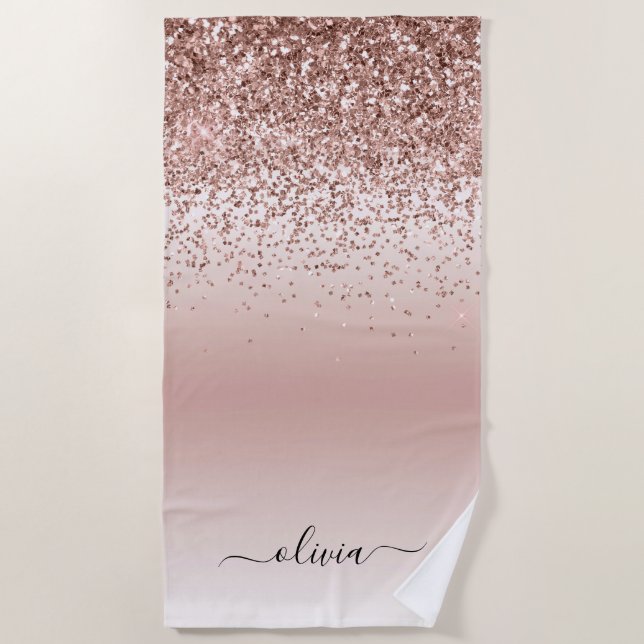 Rose Gold - Rosa Rosa Glitzer Metal Monogramm Name Strandtuch (Vorderseite)