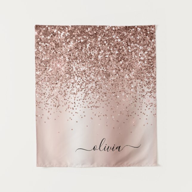 Rose Gold - Rosa Rosa Glitzer Metal Monogramm Name Wandteppich (Vorderseite)