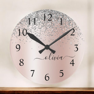 Rose Gold - Rosa Rosa Glitzer Silber Monogramm Große Wanduhr