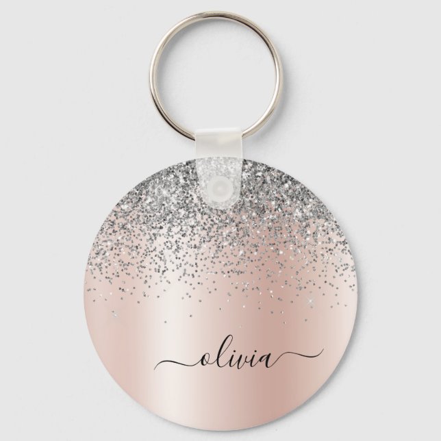 Rose Gold - Rosa Rosa Glitzer Silber Monogramm Schlüsselanhänger (Vorderseite)