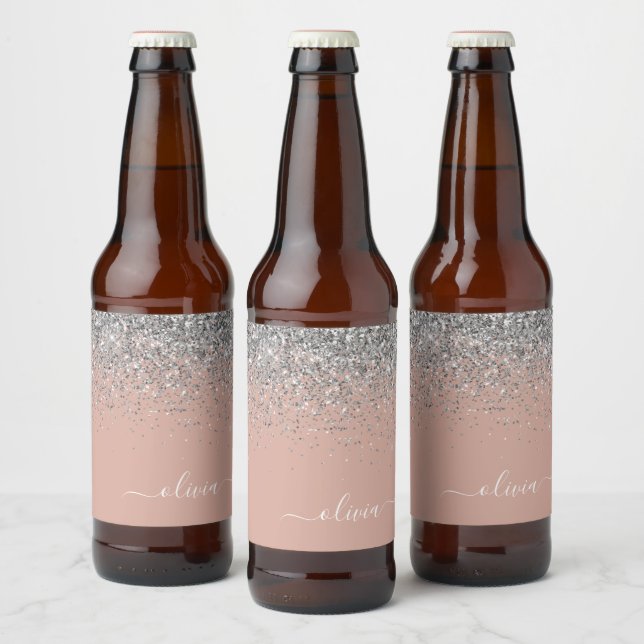 Rose Gold Rosa Rosa Silberne Glitzer Monogram Girl Bierflaschenetikett (Flaschen)