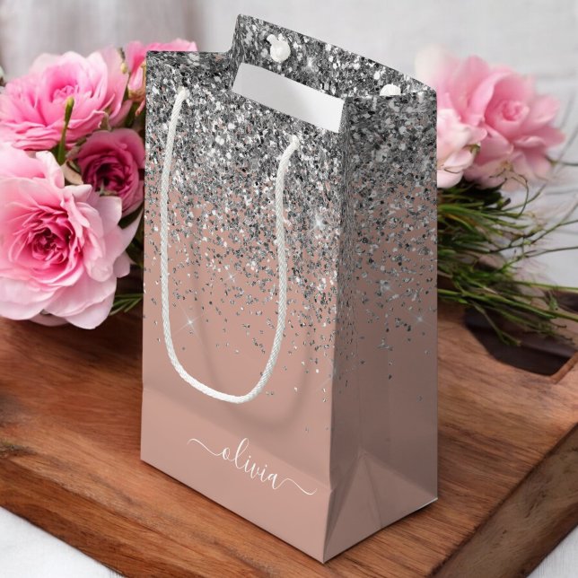 Rose Gold Rosa Rosa Silberne Glitzer Monogram Girl Kleine Geschenktüte (Von Creator hochgeladen)