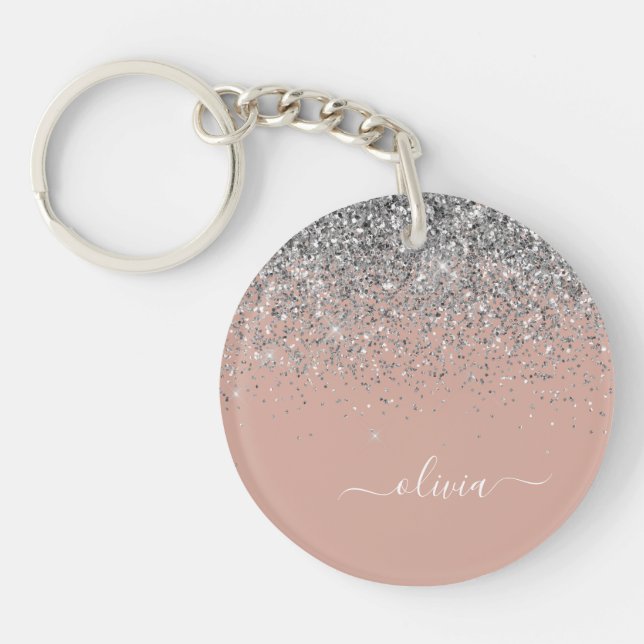 Rose Gold Rosa Rosa Silberne Glitzer Monogram Girl Schlüsselanhänger (Vorderseite)