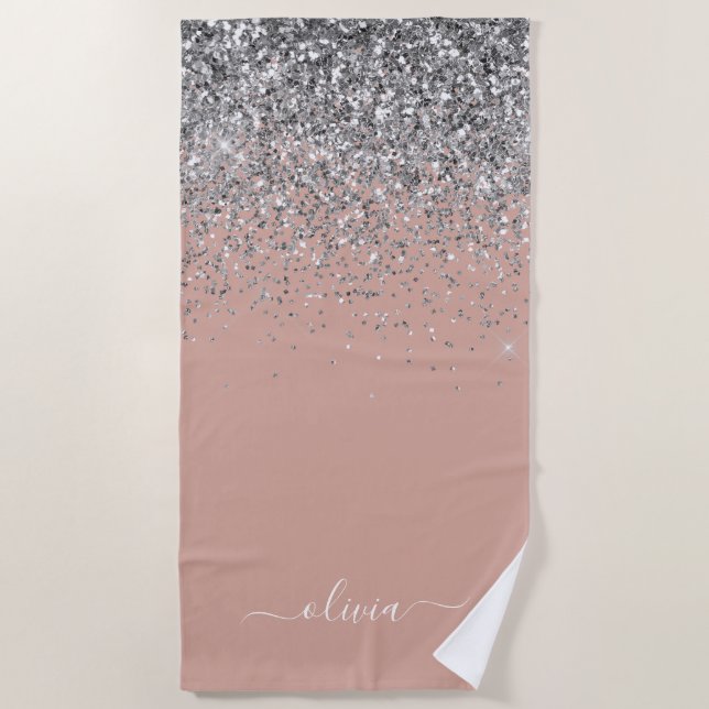 Rose Gold Rosa Rosa Silberne Glitzer Monogram Girl Strandtuch (Vorderseite)