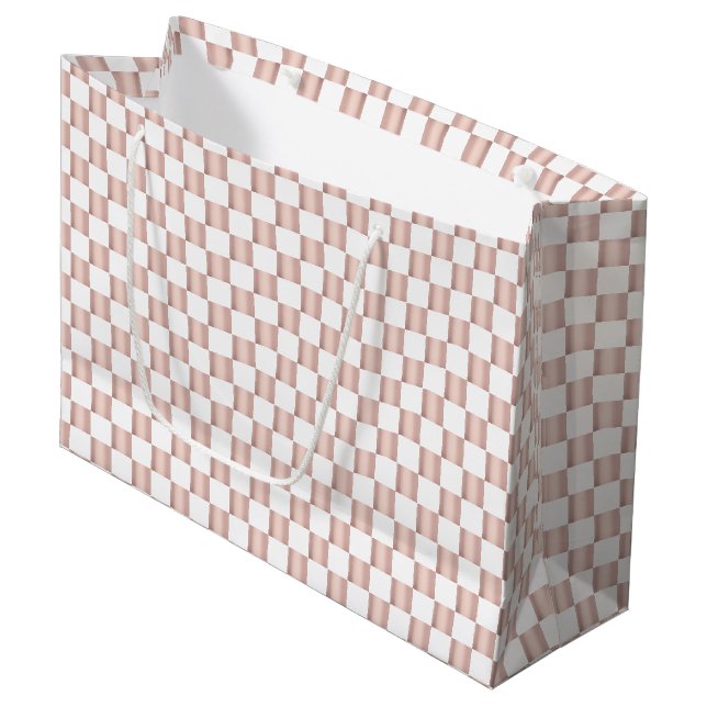 Rose-Gold-Rosa-Schachbrettmuster Große Geschenktüte (Vorderseite Schrägansicht)