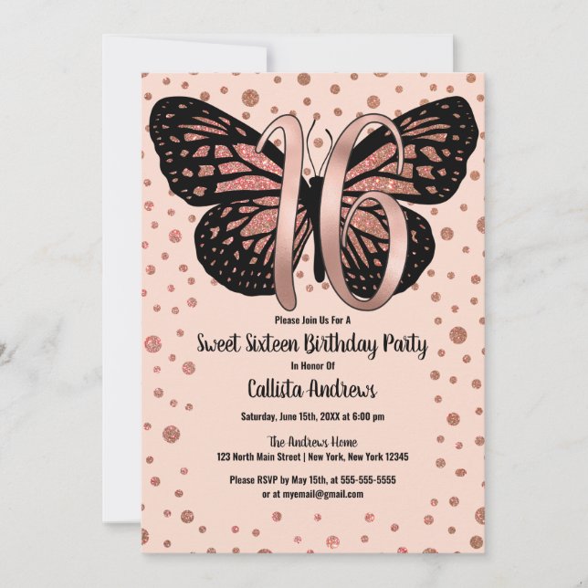 Rose Gold Rosa Schmetterling Glitzer Confetti Swee Einladung (Vorderseite)