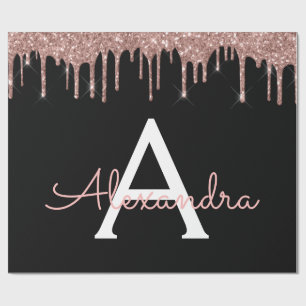 Rose Gold - Rosa Schwarzer Glitzer Monogramm Name Geschenkpapier