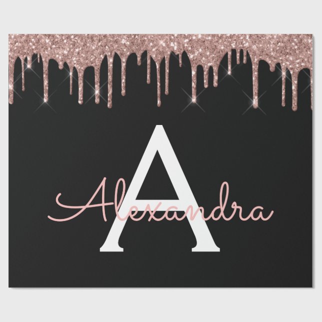 Rose Gold - Rosa Schwarzer Glitzer Monogramm Name Geschenkpapier (Flach)