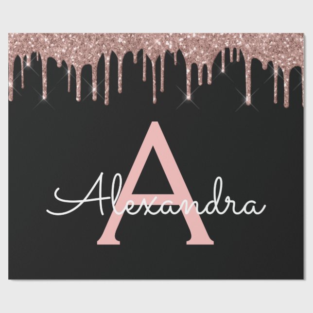 Rose Gold - Rosa Schwarzer Glitzer Monogramm Name Geschenkpapier (Flach)