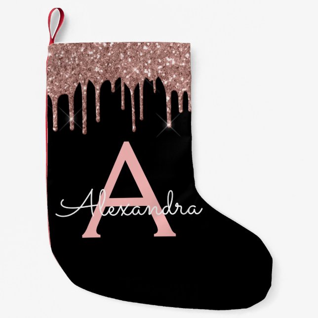 Rose Gold - Rosa Schwarzer Glitzer Monogramm Name Kleiner Weihnachtsstrumpf (Vorderseite)