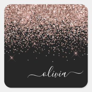 Rose Gold - Rosa Schwarzer Glitzer Monogramm Name Quadratischer Aufkleber