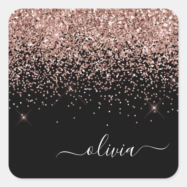 Rose Gold - Rosa Schwarzer Glitzer Monogramm Name Quadratischer Aufkleber (Vorderseite)