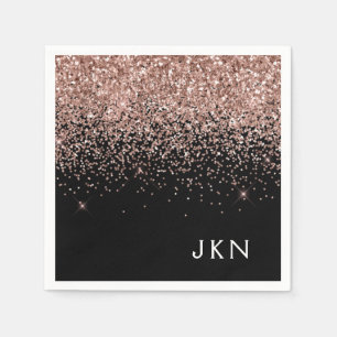 Rose Gold Rosa Schwarzer Glitzer Monogramm Serviette