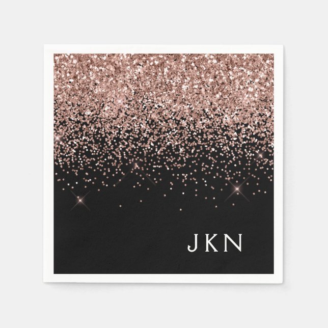 Rose Gold Rosa Schwarzer Glitzer Monogramm Serviette (Vorderseite)