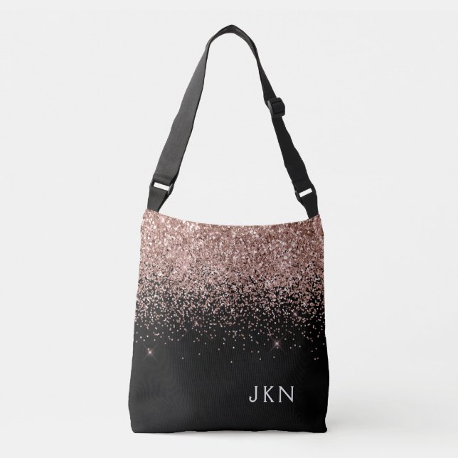 Rose Gold Rosa Schwarzer Glitzer Monogramm Tragetaschen Mit Langen Trägern (Vorderseite)