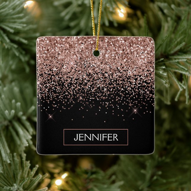 Rose Gold - Rosa Schwarzer Glitzer Name Keramikornament (Baum)
