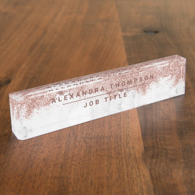 Rose Gold Rosa Weißer Marmor Glitzer Staub Namensplakette (Seite)