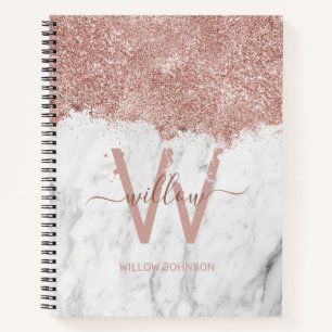 Rose Gold Rosa Weißer Marmor Glitzer Staubmonogram Notizbuch