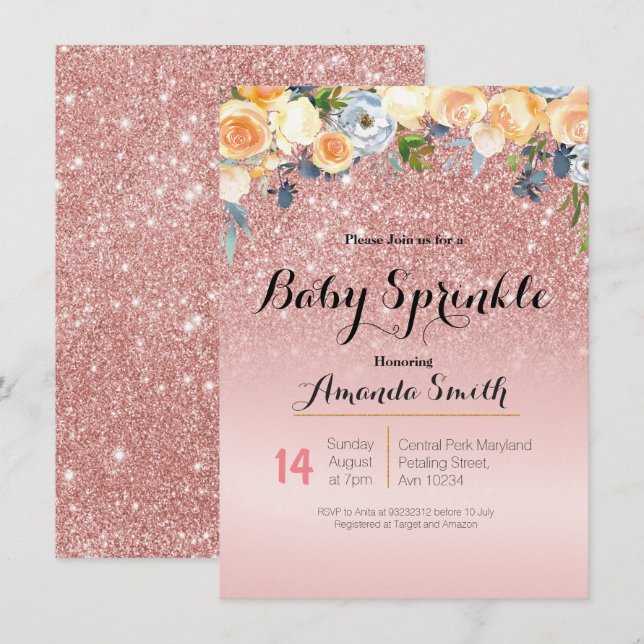 Rose Gold Rose Baby Sprinkl invitation Bleu (Devant / Derrière)