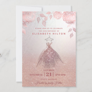 Rose Gold Rose moderne Glitzer Kleid 16 . Geburtst Einladung