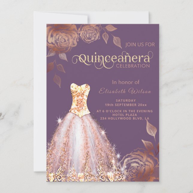 Rose Gold Rose modische Sequenzen kleiden Quinceañ Einladung (Vorderseite)