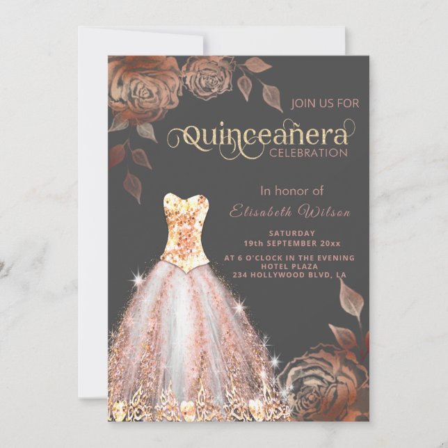 Rose Gold Rose modische Sequenzen kleiden Quinceañ Einladung (Vorderseite)