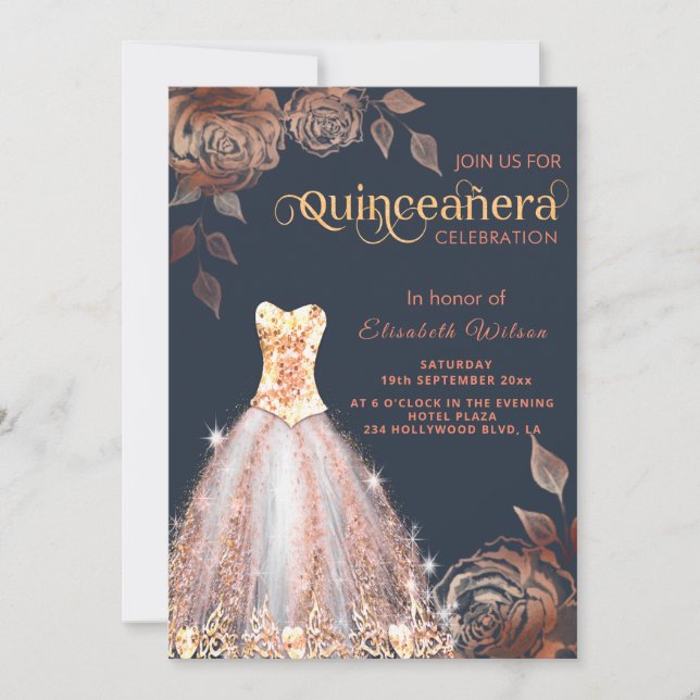 Rose Gold Rose modische Sequenzen kleiden Quinceañ Einladung (Vorderseite)