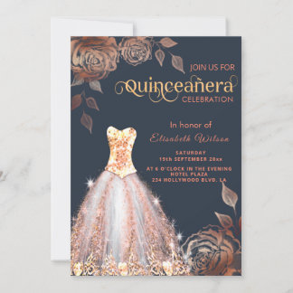 Rose Gold Rose modische Sequenzen kleiden Quinceañ Einladung