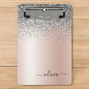 Rose Gold - Rosé Pink Silber Glitter Monogramm Mini Klemmbrett
