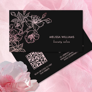 Rose Gold Rosé Schwarz Floral   QR Code Visitenkarte