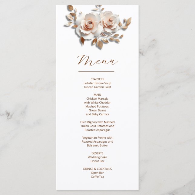 Rose Gold Roses Sculptural 3D Flower Wedding Menükarte (Vorderseite)