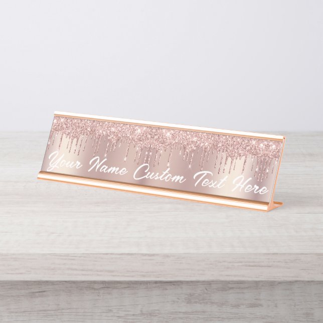 Rose Gold Roush Glitzer Tropfen Ihr Schreibtisch N Schreibtischnamensplakette (Vorderseite )