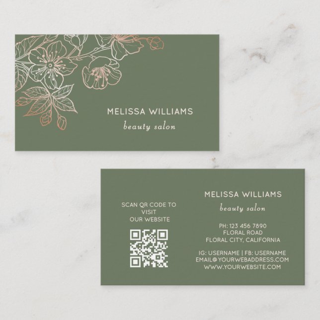 Rose Gold Sage Green Line Art Floral  | QR Code Visitenkarte (Vorne/Hinten)