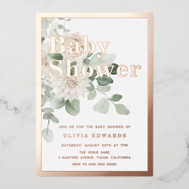 Rose Gold Sage Green White Floral Baby Dusche Folieneinladung (Vorderseite)
