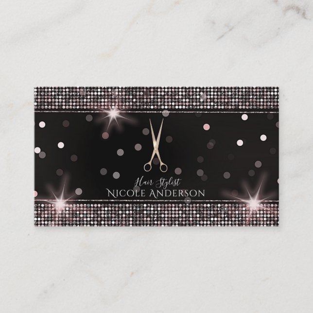 Rose Gold Salon Stylist Scheren Pink Sequin Visitenkarte (Vorderseite)