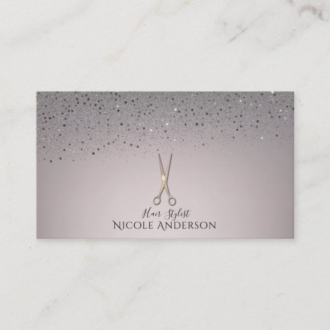 Rose Gold Salon Stylist Scheren Rosa Grau Glitzer Visitenkarte (Vorderseite)