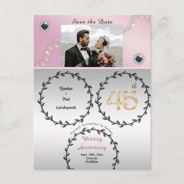 Rose Gold Saphir 45 Jahre Jubiläum Save the Date Postkarte (Vorderseite)