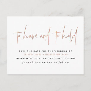 Rose Gold Save the Date haben und halten Ankündigungspostkarte