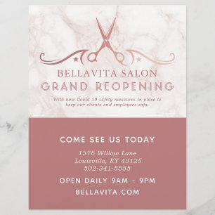 Rose Gold Schere Marmor Salon Covid Wiedereröffnun Flyer