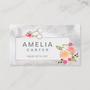 Rose Gold Scheren Blumenhaar Stylist Salon Visitenkarte