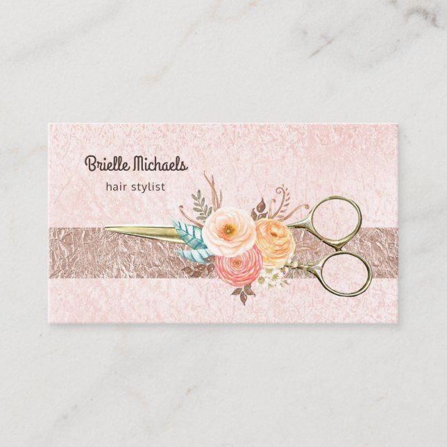 Rose Gold Scheren Elegantes Blumenhaar Stylist Visitenkarte (Vorderseite)