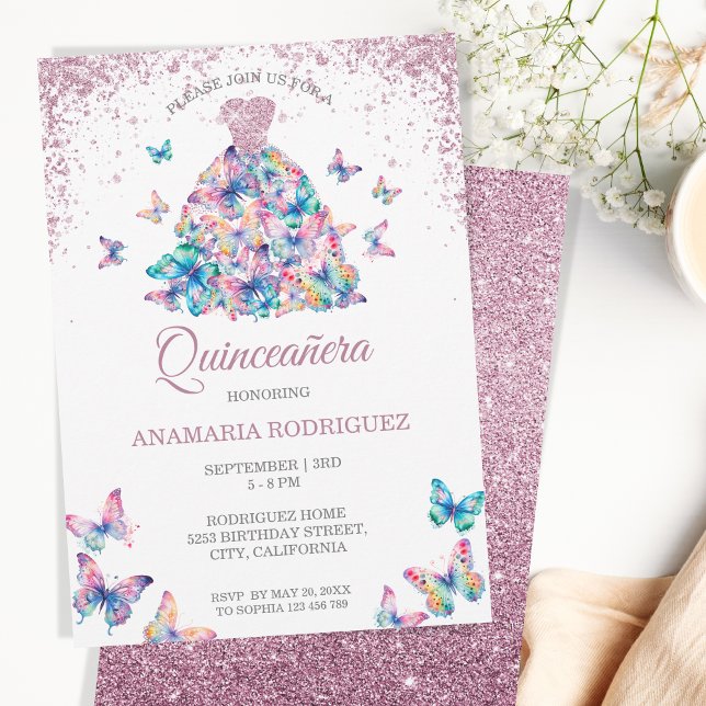 Rose Gold Schmetterlinge Gown Quinceanera Einladung (Von Creator hochgeladen)