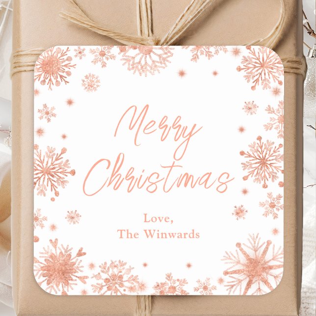 Rose Gold Schneeflocken Frohe Weihnachten Quadratischer Aufkleber (Von Creator hochgeladen)