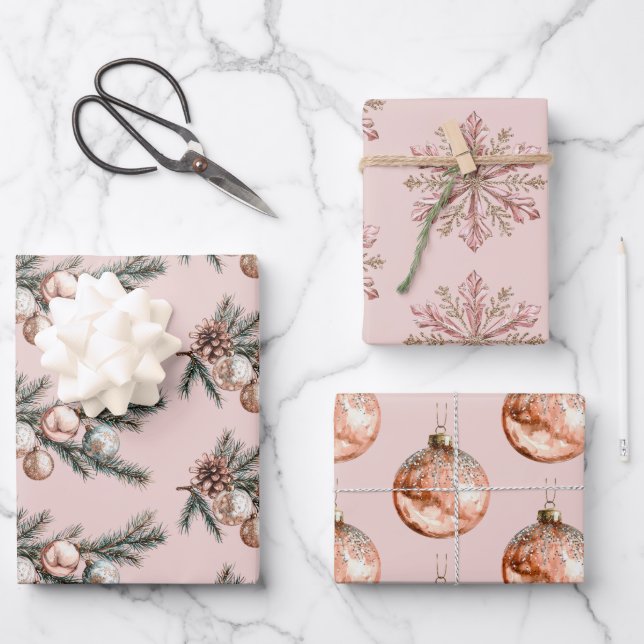 Rose Gold Schneeflocken Ornamente Weihnachten Geschenkpapier Set (Vorderseite)