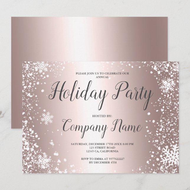 Rose Gold-Schneeflocken-Typografie Weihnachten Einladung (Vorne/Hinten)